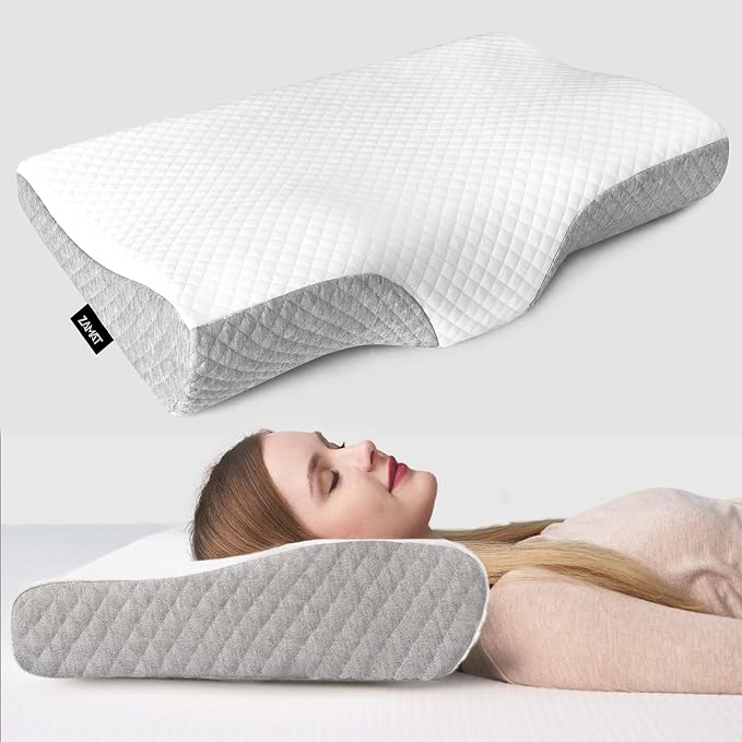 A woman resting her head on a ZAMAT Pillow for Back Sleepers, comfortably lying on a soft pillow.