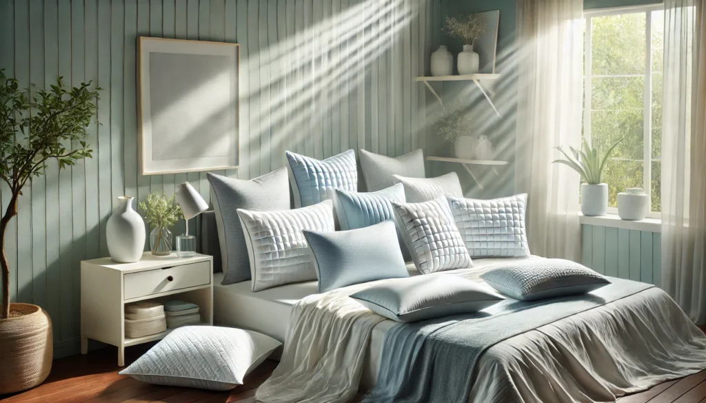 A cozy bedroom featuring blue walls and a bed adorned with pillows, perfect for restful sleep with the 10 Best Cooling Pillow.
