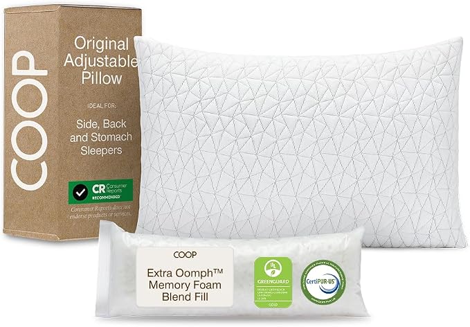 Coop Home Goods Original Adjustable Pillow, Queen Size Bed Pillows shown with extra fill bag and box.