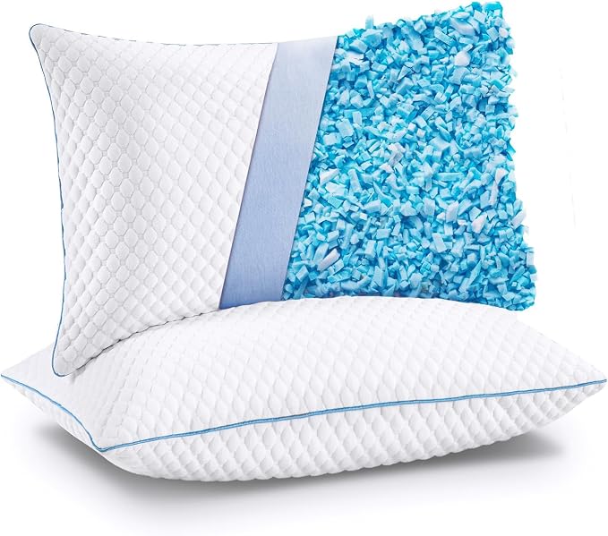 Two VVZ Shredded Pillows featuring blue and white trim are displayed together, showcasing their stylish design.