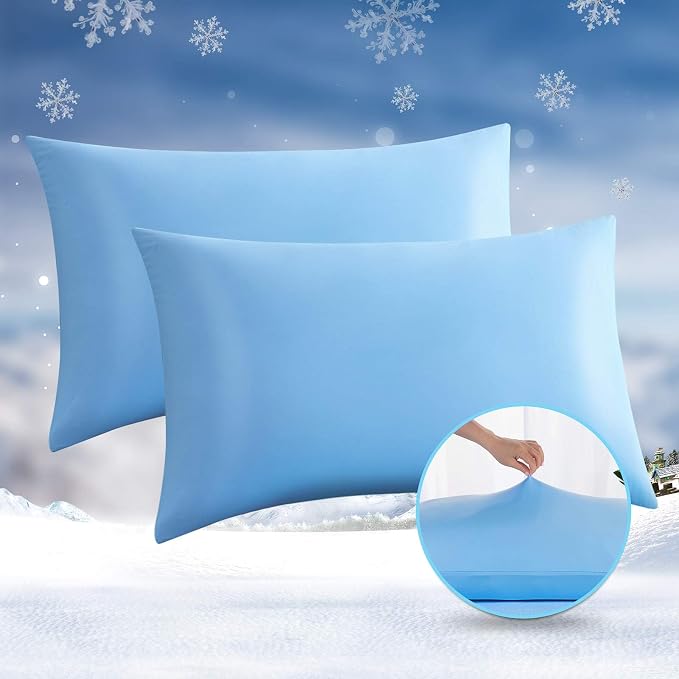 Two blue Avolare Cooling Pillows featuring white snowflakes on their surface, adding a cozy touch to any room.