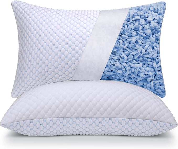 Two OSBED Shredded Memory Foam Pillows featuring blue and white flowers on their soft fabric covers.