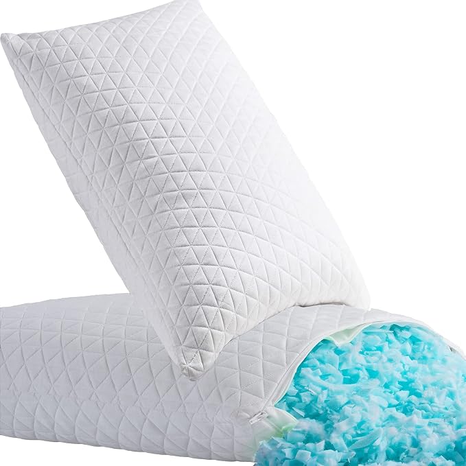 Two blue and white pillow made of shredded memory foam, offering comfort and support for a good night's sleep.
