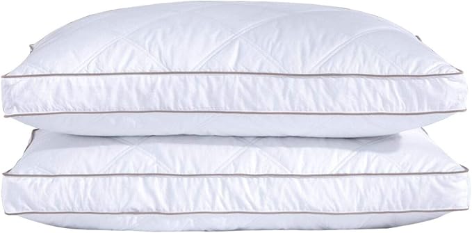 Two soft pillows stacked on top of each other, showcasing Puredown’s Goose Feathers and Down Pillow for comfort.