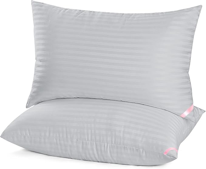 Two striped fabric pillows are displayed together, showcasing the soft design of EIUE Down Bed Pillows.