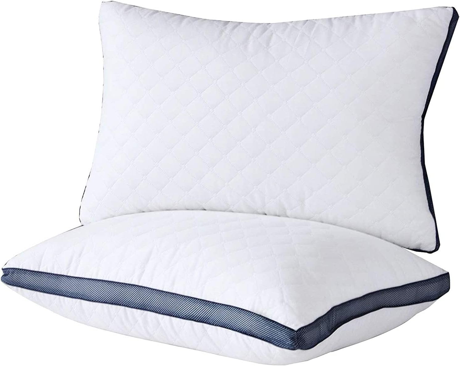 Two white Meoflaw Pillows for Sleeping (2-Pack), Luxury Hotel Pillows Queen Size stacked together, showing their soft quilted surface and dark edge lining.