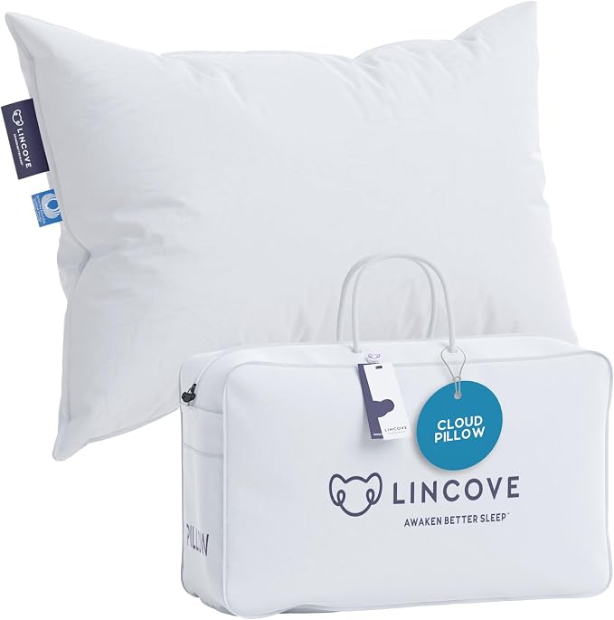 Lincove Cloud Natural Canadian White Down pillow, soft and fluffy, ideal for a comfortable night's sleep.
