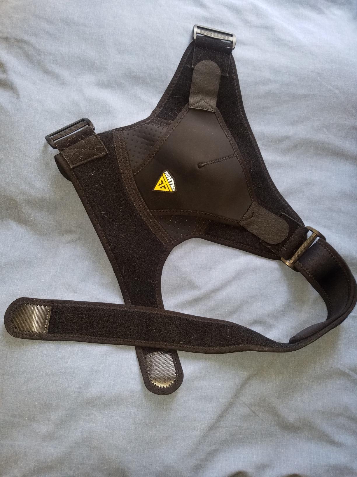 The FIGHTECH Shoulder Brace is a black harness featuring a yellow triangle, displayed in use for a product review.