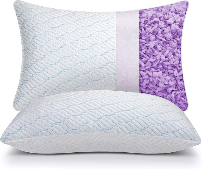 Two white pillows with a light blue wave pattern, one showing a cutaway with purple shredded filling, from the Cooling Pillows Queen Size Set of 2.