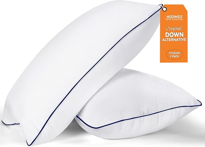 Two MZOIMZO Bed Pillows displayed together, each with a tag attached for identification.