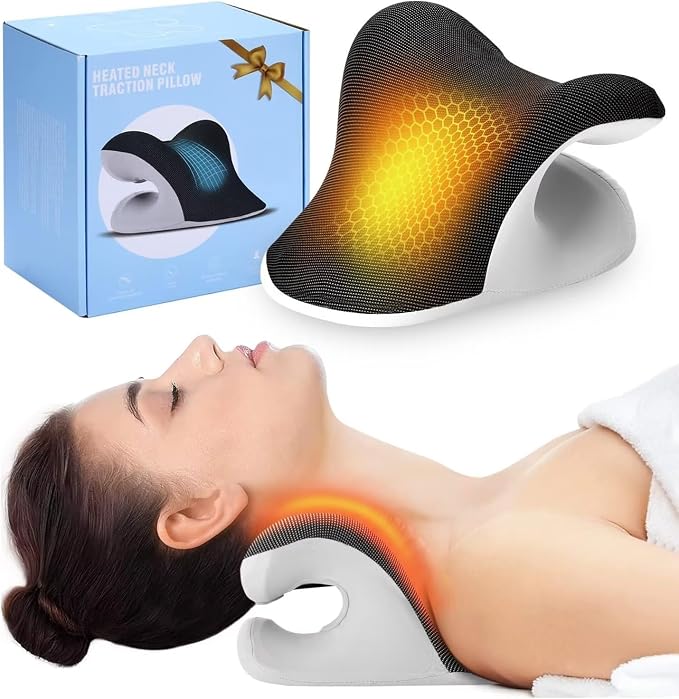 A woman relaxes on a Neck and Shoulder Relaxer Pillow with the box open beside her.