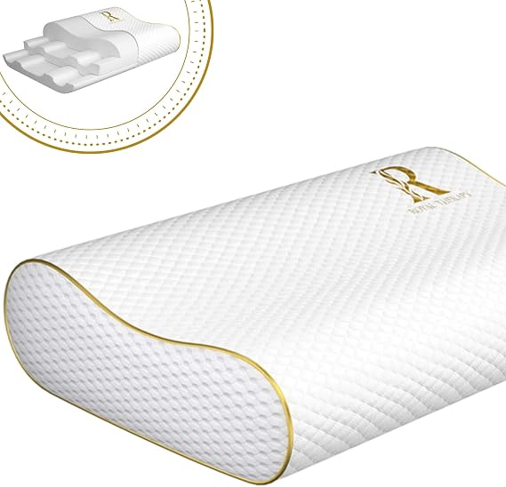 The Royal Therapy Memory Foam Pillow, designed for comfort, showcases a luxurious gold trim around its edges.