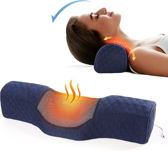 A woman rests on a pillow with a heating pad, using Roll Pillows for Neck Pain Relief for comfort and relaxation.