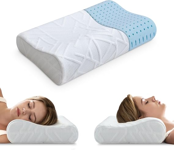 The Neck Pillow for Sleeping features a blue and white cover, made of memory foam for a comfortable sleeping experience.