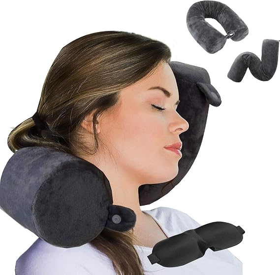 A woman wearing a ZOYLEE Twist Memory Foam Travel Pillow and ear plugs, looking comfortable and relaxed.
