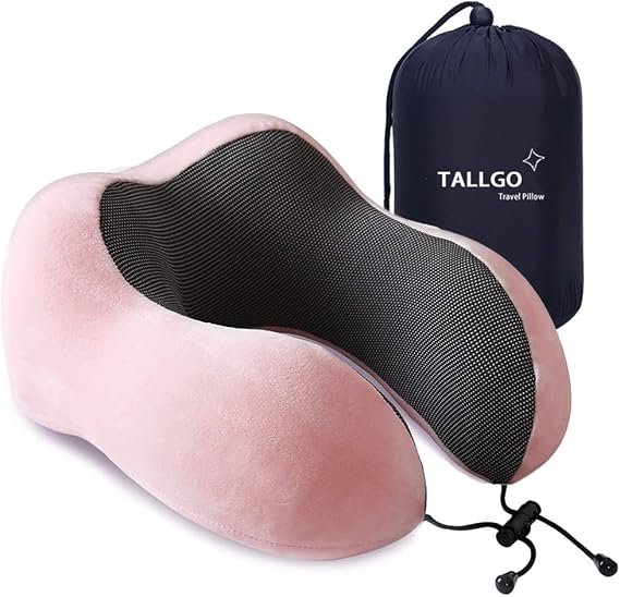 TALLGO Travel Pillow with a pink cover and a convenient carrying bag for easy travel comfort.