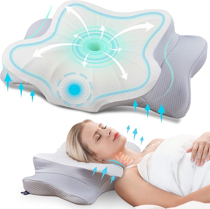 A woman rests her head on a DONAMA Cervical Pillow, comfortably lying on a soft pillow.
