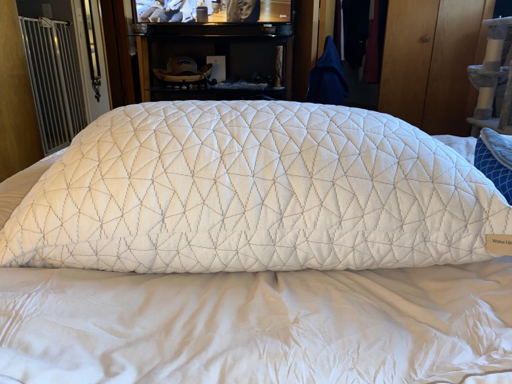 A Coop Home Goods Bed Pillow resting on a neatly made bed, showcasing its comfort and design for a product review.