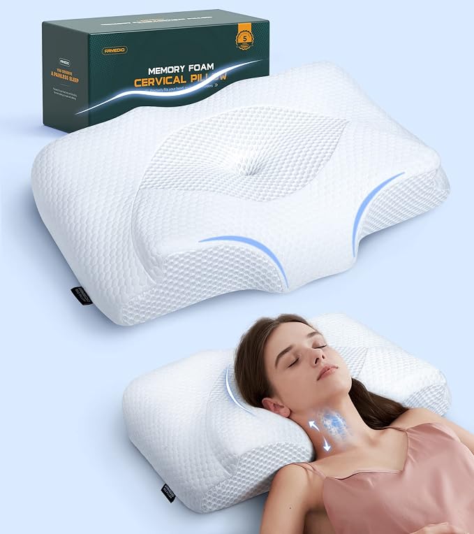 A woman relaxes on the Famedio Pillow for Back Stomach Sleeper, enjoying comfort and support.